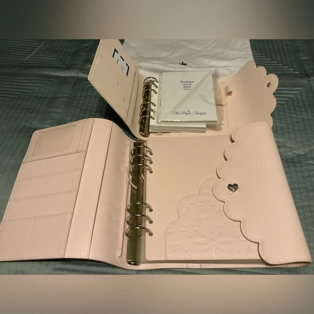 Pink Scalloped Leather A6 Rings Planner Aura Estelle New